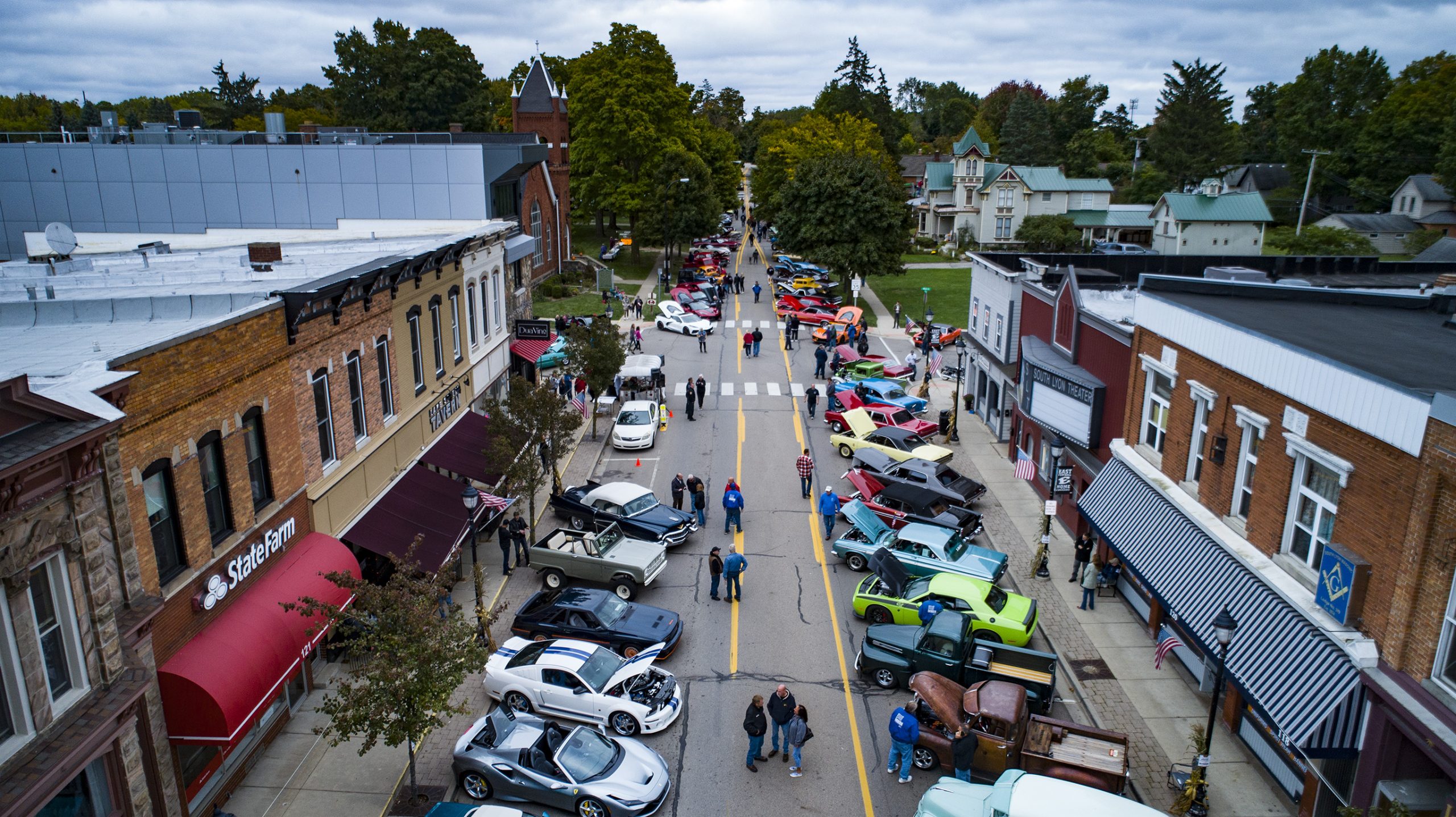 Aerial of Downtown South Lyon, car show
