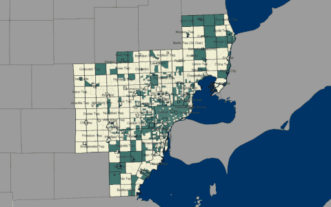 Thumbnail image of a map of Southeast Michigan showing Areas of Economic Distress. The map includes county outlines and is shaded with varying colors to represent different levels or categories of economic distress across the region.
