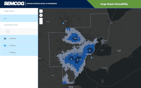 Thumbnail image of a map of Southeast Michigan showing locations of cargo airports. The map includes county outlines and is marked with airplane icons or symbols indicating airport sites that handle freight operations.