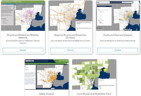 Thumbnail image of a map showing bike and pedestrian hubs in Southeast Michigan. The map includes county outlines with various colored dots and symbols indicating hub locations, overlaid on a light base map with minimal text.