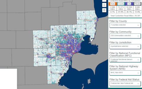 Thumbnail view of the SEMCOG Road Jurisdiction map, including the right-hand summary table and toolbar.