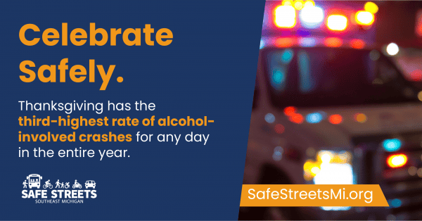 Ambulance with emergency lights with text saying celebrate safely. Thanksgiving has the third-highest rate of alcohol-involved crashes for any day in the entire year. Safe Streets Southeast Michigan logo and SafeStreetsMi.org URL are shown.
