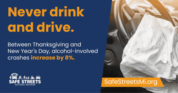 Air bag deployed from steering wheel with text saying never drink and drive. Between Thanksgiving and New Year's Day, alcohol-involved crashes increase by 8 percent. Safe Streets Southeast Michigan logo and SafeStreetsMi.org URL are shown.