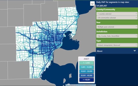 Thumbnail of SEMCOG’s traffic volume map showing road segments and AADT data across Southeast Michigan.