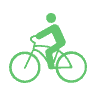 Green icon of a person riding a bicycle, symbolizing biking, active transportation, or sustainable mobility.