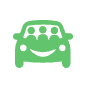 Green icon of a car with three passengers visible inside, symbolizing carp