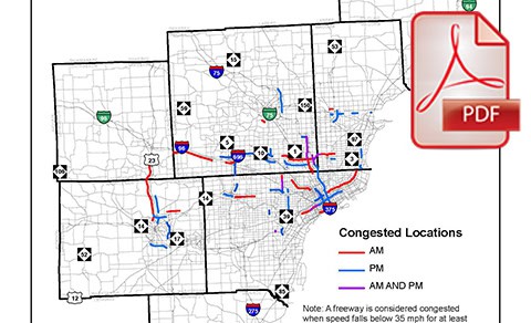 Map of Southeast Michigan showing freeway congestion locations by time of day with red, blue, and purple segments.