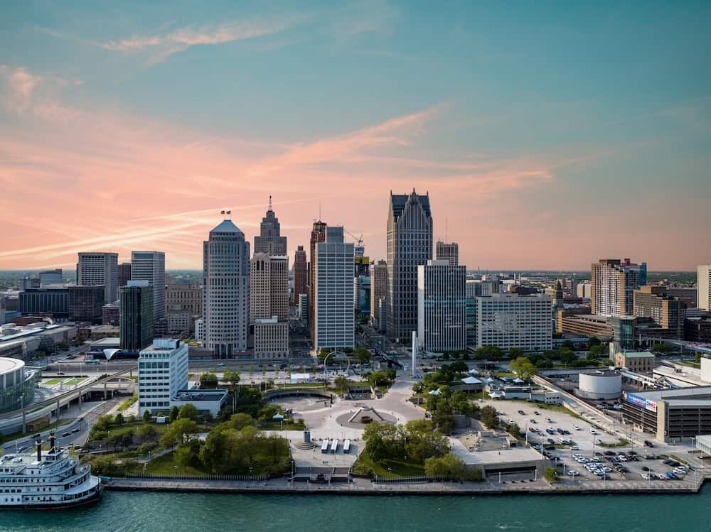 Downtown Detroit with a Pink Sky