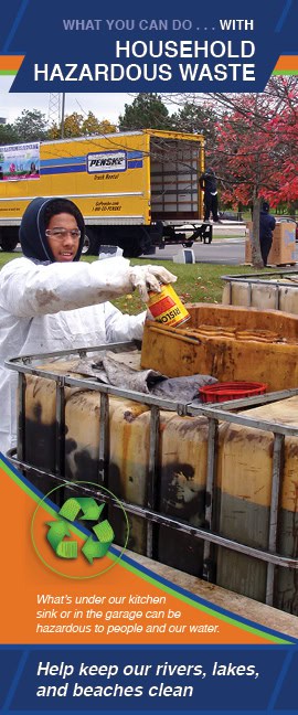 Educational graphic about household hazardous waste, showing a person in protective clothing disposing of a chemical container into a collection bin. A recycling symbol and the message emphasize that items under our sinks or in garages can harm water quality, urging people to help keep rivers, lakes, and beaches clean. A Penske truck and trees with fall foliage are visible in the background.