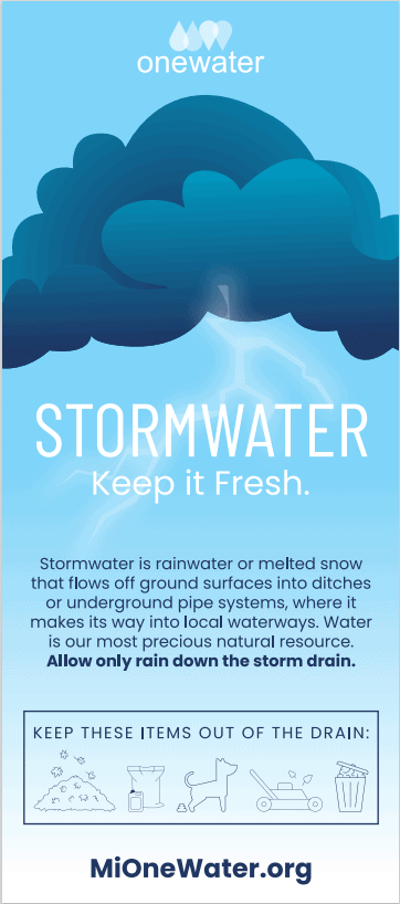 Promotional graphic for the One Water campaign showing dark storm clouds and lightning above the message Stormwater – Keep it Fresh. Text explains that stormwater is rain or melted snow that flows off surfaces into ditches or underground pipes, eventually entering local waterways. It emphasizes allowing only rain down the storm drain. A box at the bottom lists items to keep out of drains, including pet waste, trash, leaves, oil, and yard debris. Website listed at the bottom is MiOneWater.org.