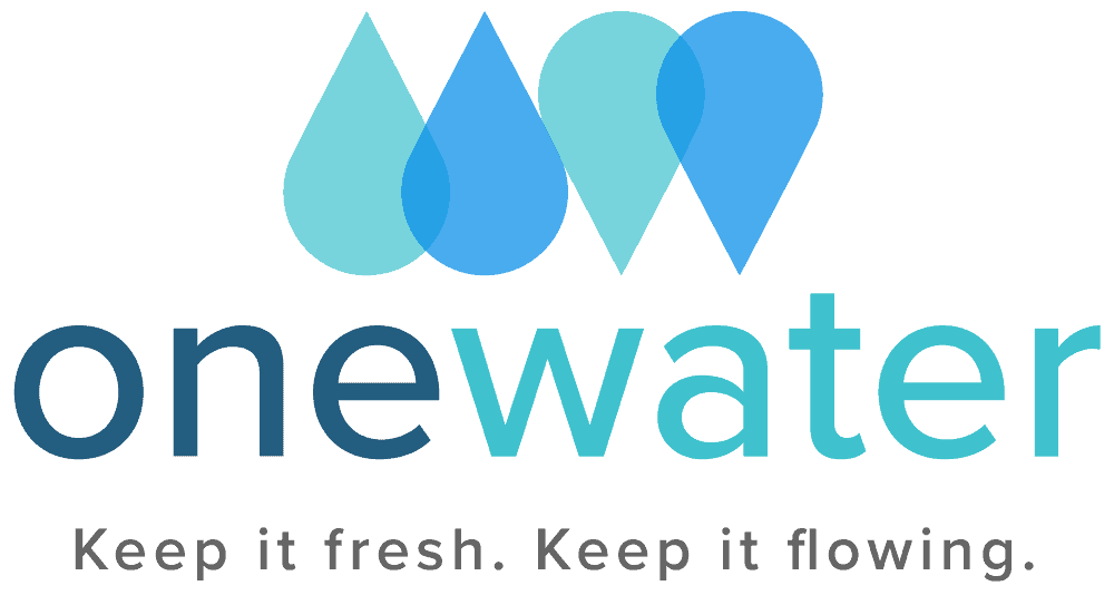 Alt Text: One Water logo with three overlapping blue water droplets above the text onewater and the tagline Keep it fresh. Keep it flowing.