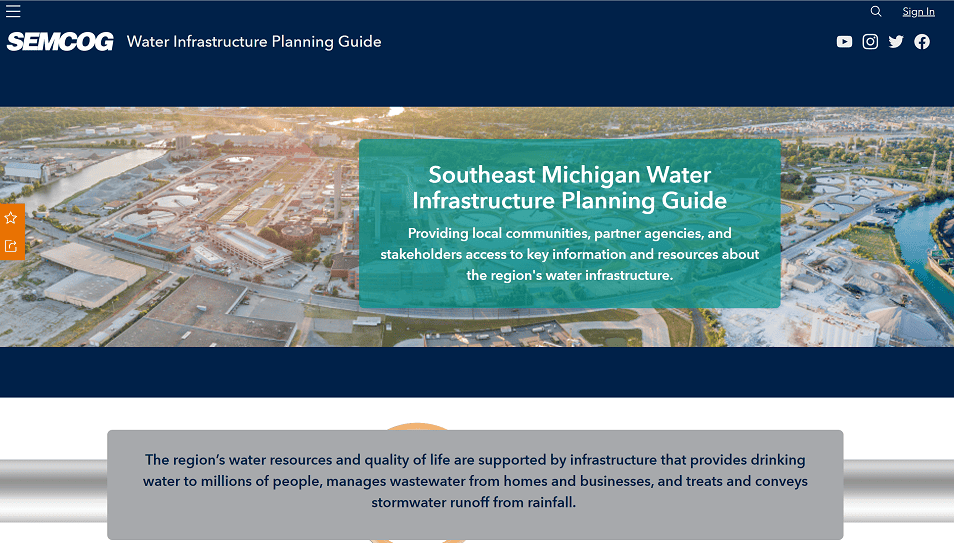 Screenshot of SEMCOG’s Southeast Michigan Water Infrastructure Planning Guide homepage, showing an aerial view of water treatment facilities with a banner highlighting access to key information and resources for local communities and stakeholders.