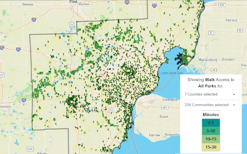 Map of Southeast Michigan showing walk access to all parks in seven counties. Areas are color-coded by walking time: 0–5, 5–10, 10–15, and 15–30 minutes. A high concentration of green markers indicates greater park accessibility.