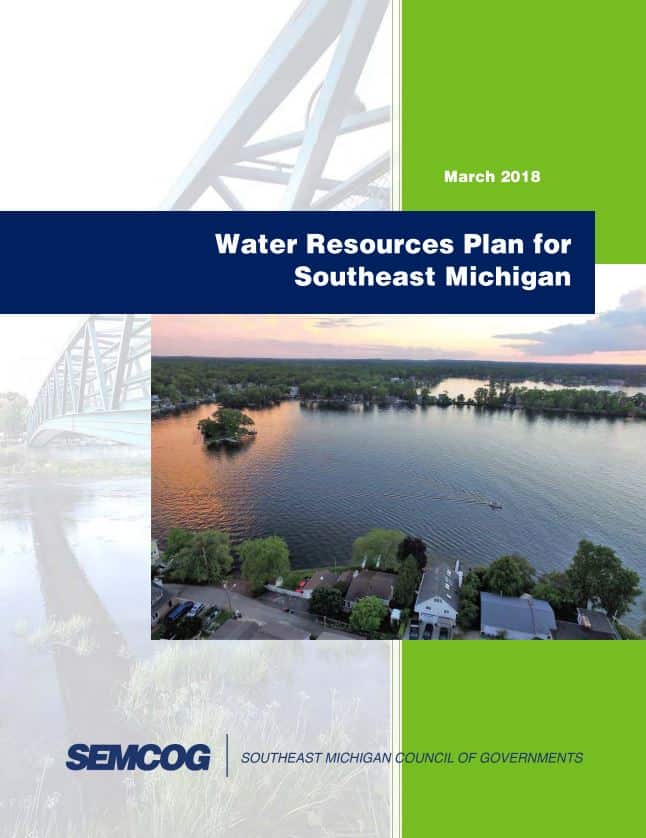 Cover of the March 2018 Water Resources Plan for Southeast Michigan published by SEMCOG, featuring an aerial photo of a lake with surrounding homes and trees, along with a boat creating a wake across the water at sunset.