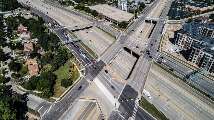 roads with multiple lanes and intersections