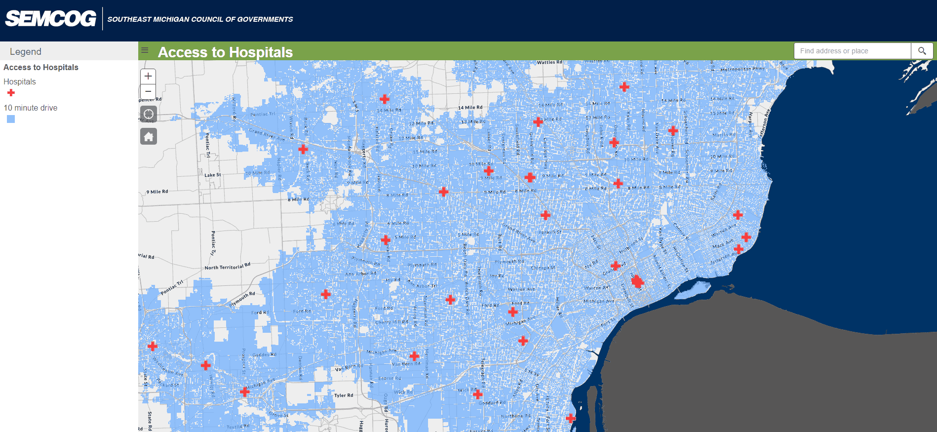 Access to Hospitals map in Southeast Michigan