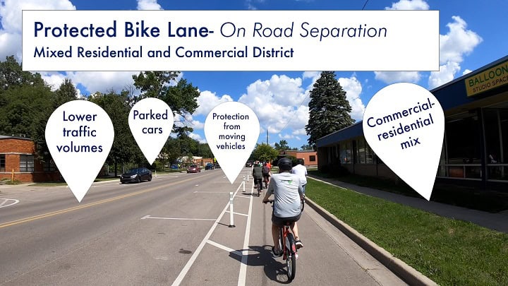 Bike ride on Livernois in Ferndale, depicting a protected bike lane and other safety features