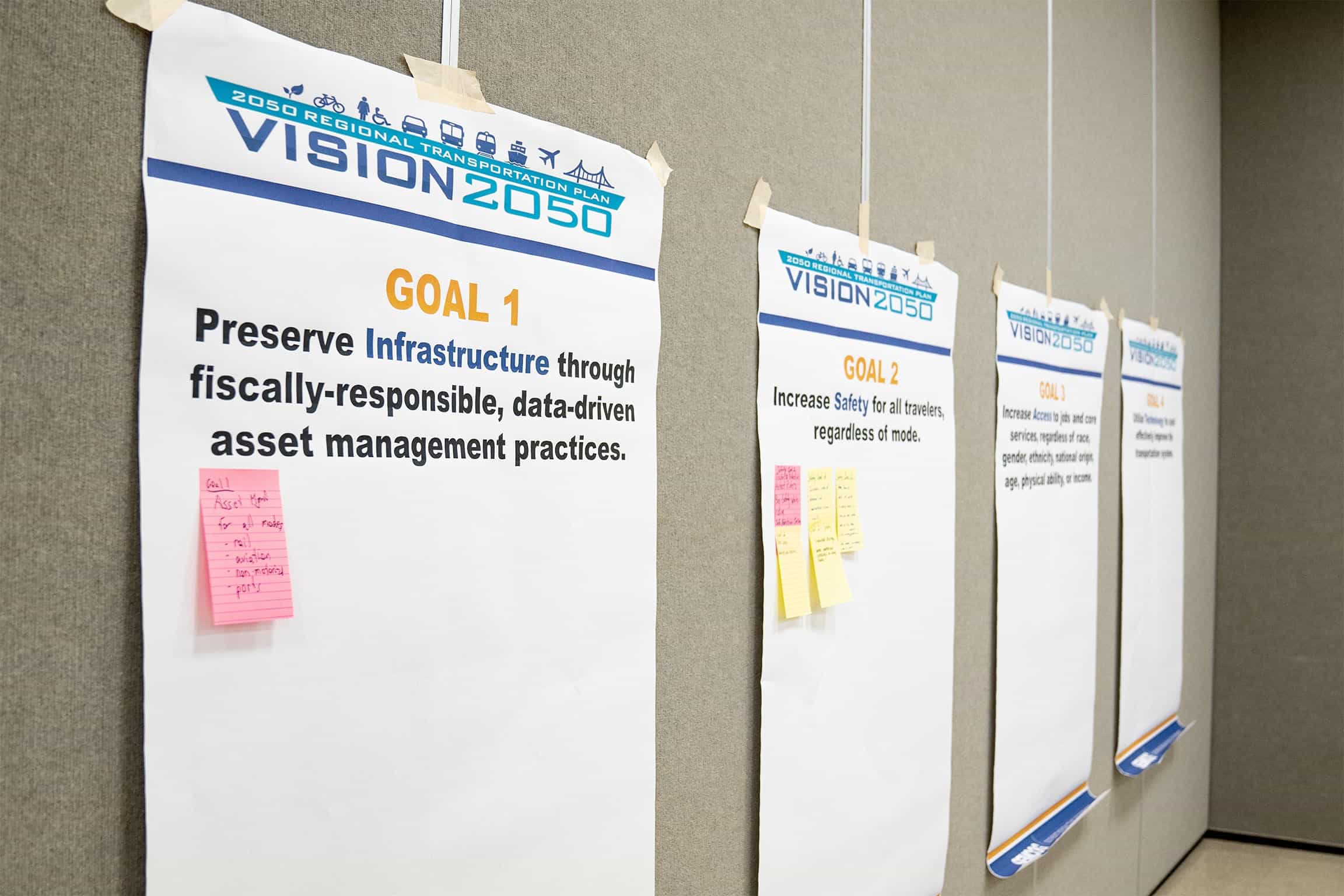 Vision 2050 Goal 1 poster, preserve infrastructure through fiscally-responsible, data-driven asset management practices. Goal 2, Increase safety for all travelers regardless of mode.