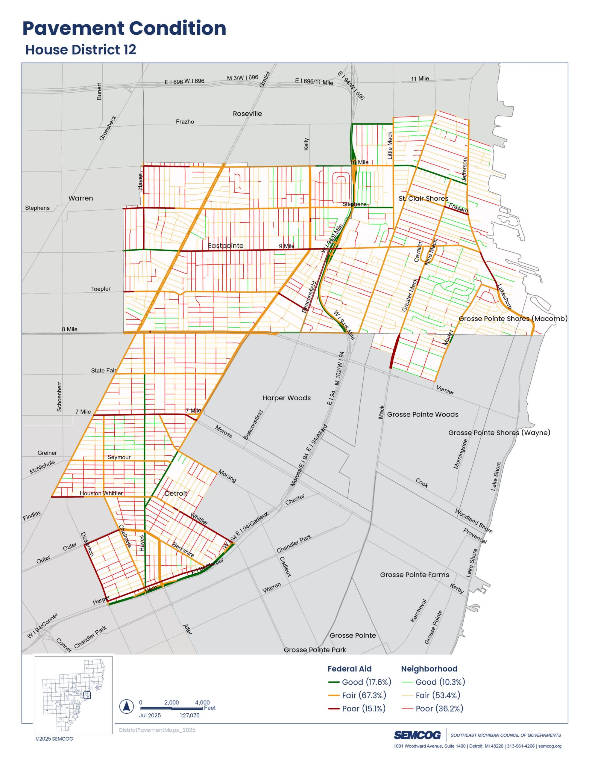 Map of House District 12 displaying pavement conditions, with areas categorized by condition: Good, Fair, and Poor. The map shows various roads and landmarks with marked regions using different colors to indicate the pavement quality. Key provided for clarity.