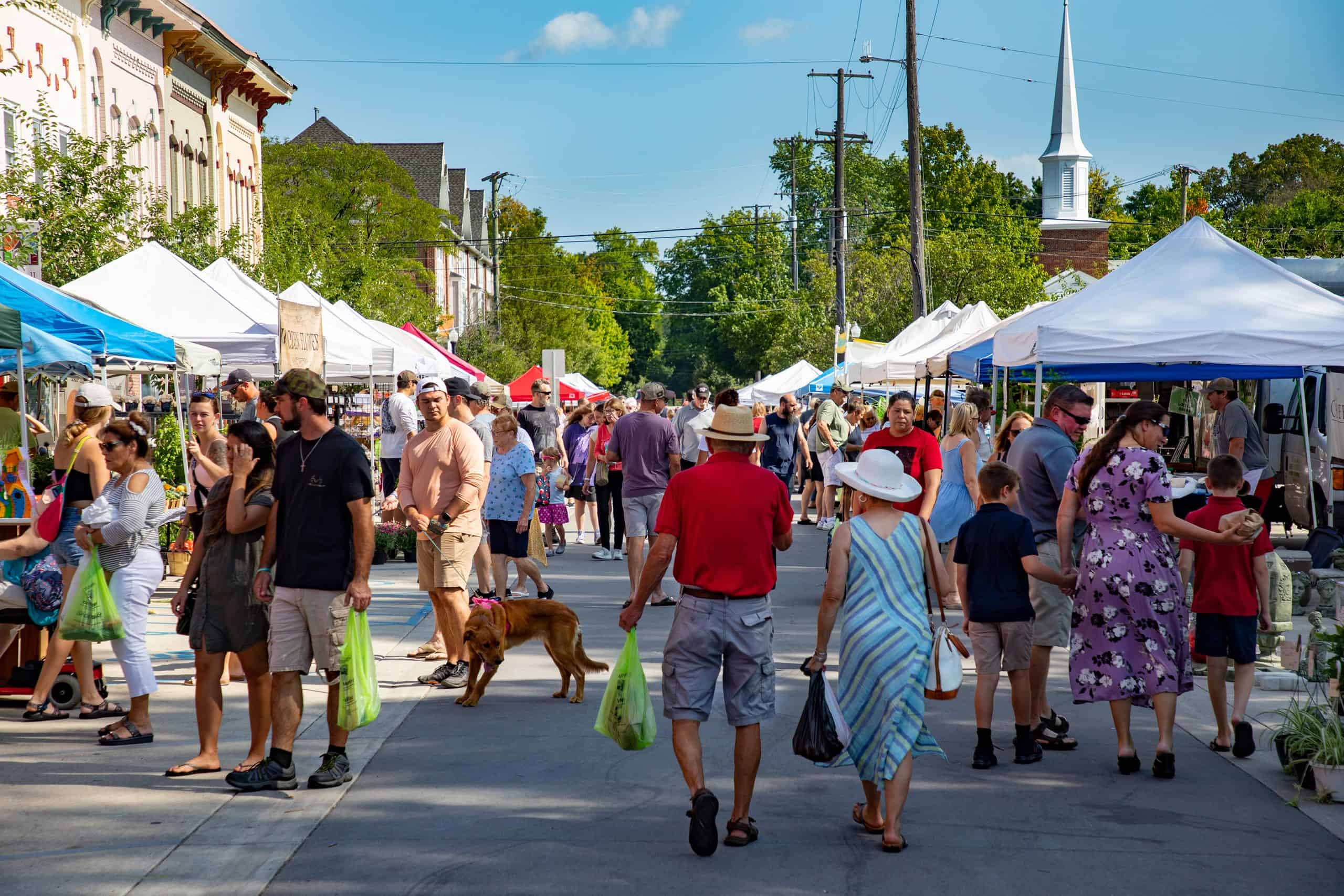 A picture of people walking and browsing at the Howell Farmer's Market.