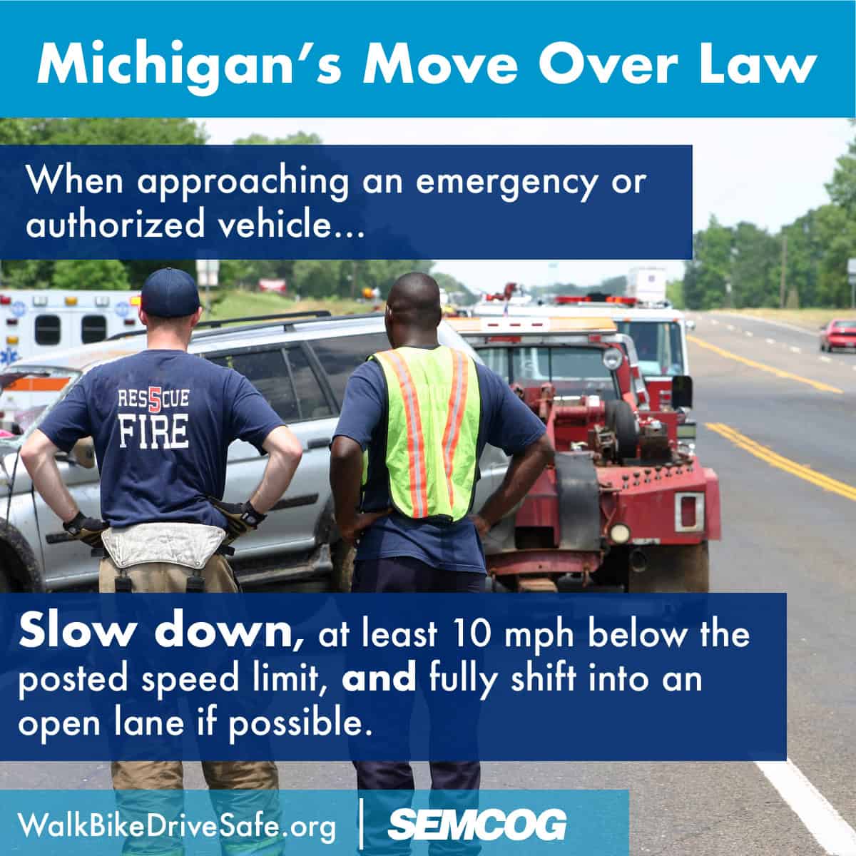 Michigan's Move Over Law - When approaching an emergency or authorized vehicle... Slow down, at least 10 mph below the posted speed limit, and fully shit into an open lane if possible