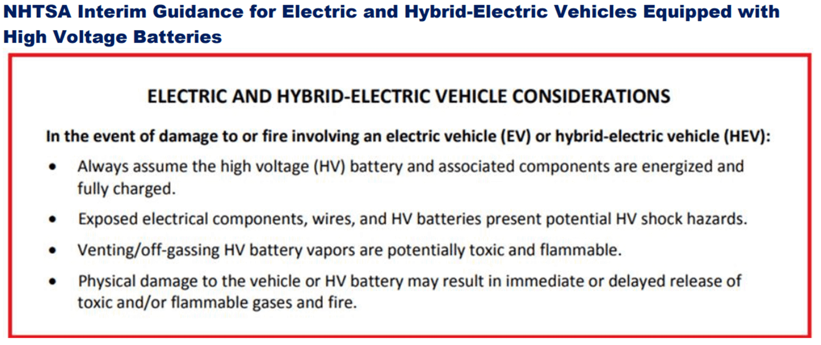 NHTSA Interim Guidance for Electric and Hybrid-Electric Vehicles Equipped with High Voltage Batteries