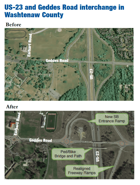 US-23 and Geddes Road interchange in Washtenaw County Beofre/After