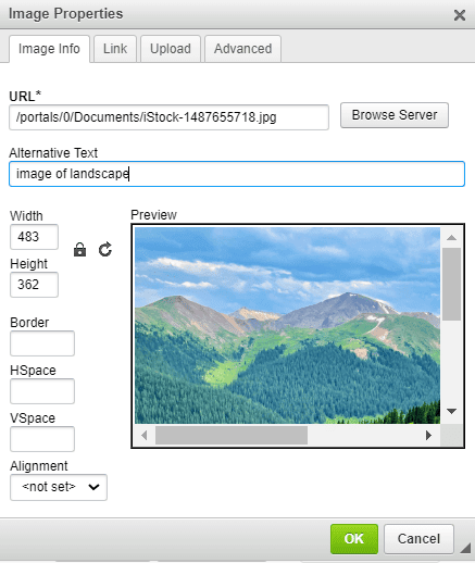 image properities pop up window showing alternative text field with 'image of landscape' filled in