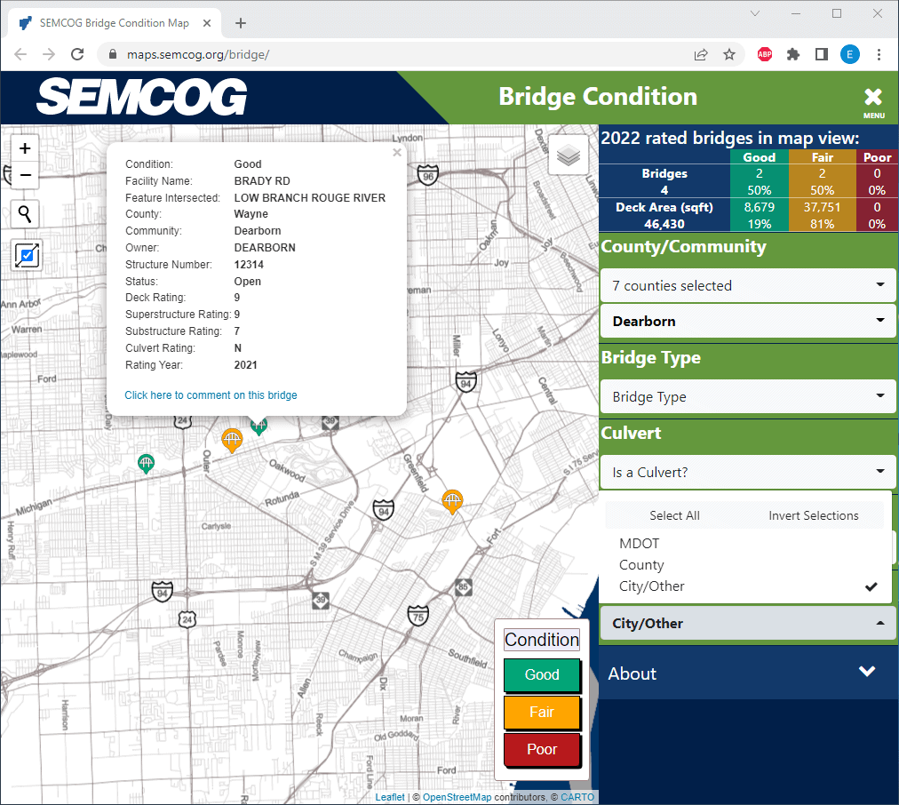 SEMCOG Bridge Condition Map, Dearborn, city or other