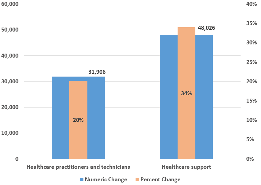 healthcare practitioners and techicians percent change at 20 percent and numeric change at 31,906. Healthcare support perect change at 34 percent and numeric change at 48,026.
