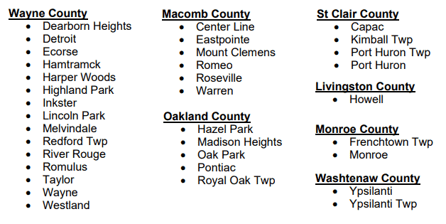 Communities participating in the Justice40 Communities Task Force from Wayne, Macomb, Oakland, St. Clair, Livington, Monroe, and Washentaw Counties
