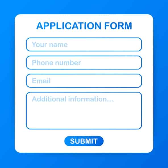 application form, with sections for your name, phone number, email, additional information, and submit button