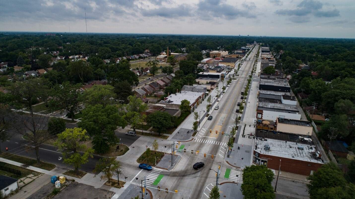 aerial view of intersection and buildings