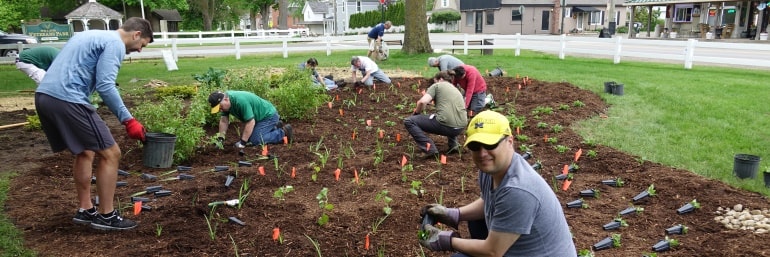 Group of people outside working on a garden