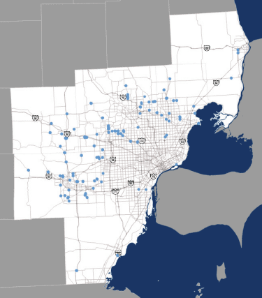 map of southeast michigan with data points showing roundabout locations throughout seven counties