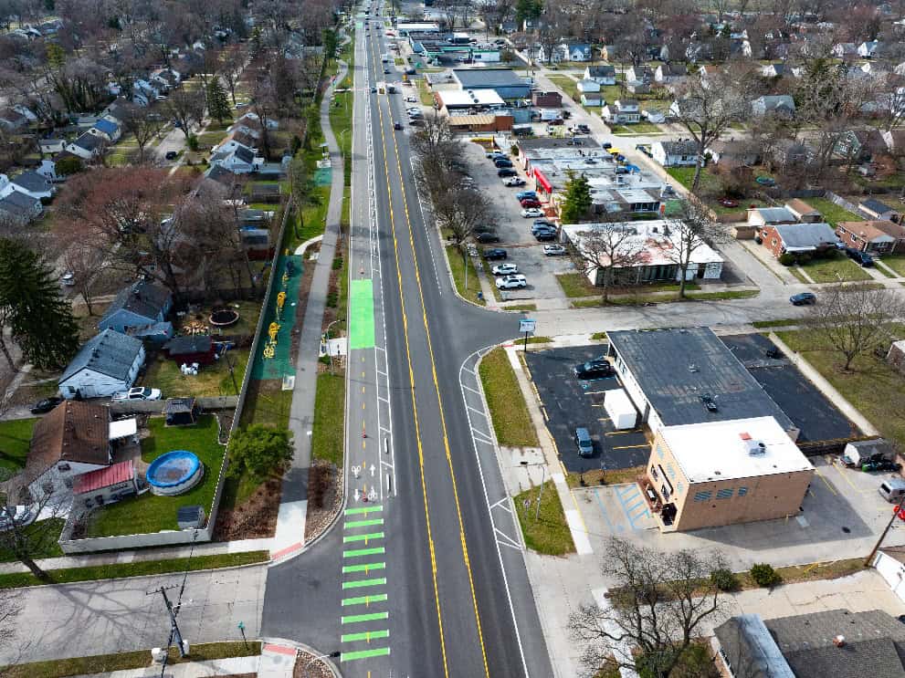 aerial view of nine mile street with park and bike lanes