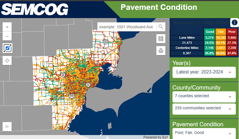 Pavement conditions online dashboard and southeast michigan map