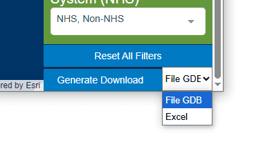 Dropdown menu of generate download options, File GDB selected.