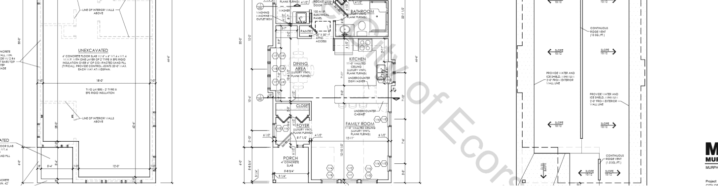 Architectural floor plans for a building, showing various room layouts and measurements with technical symbols and annotations.