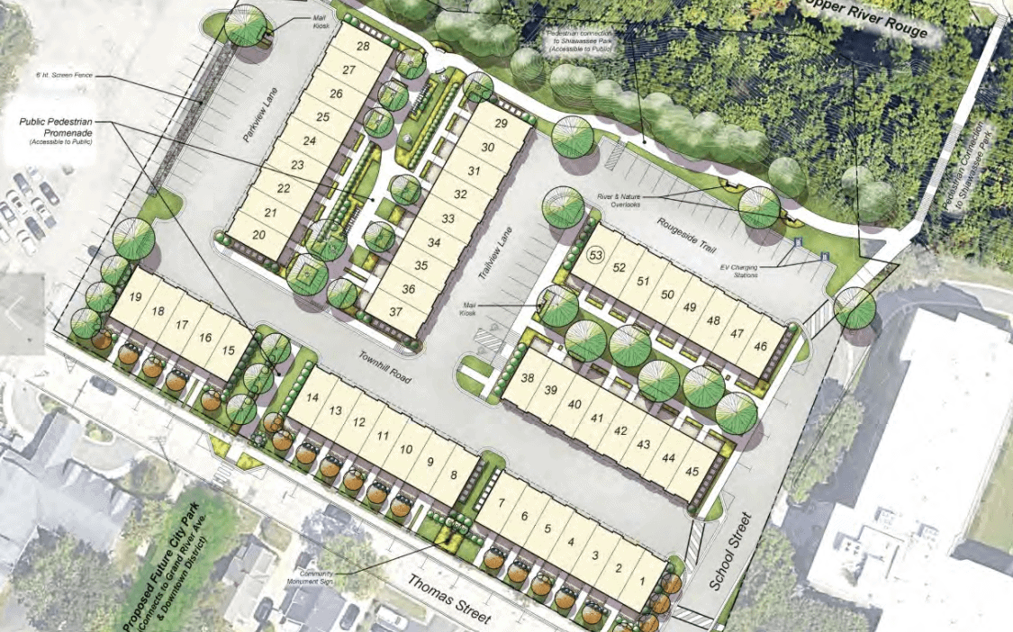 Illustrated site plan for a residential development showing various numbered plots, roads, and surrounding green areas.