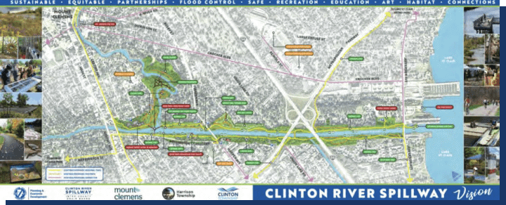 Map of the Clinton River Spillway area showing various points of interest with road names and geographical features, bordered by images of the surrounding landscape and landmarks.