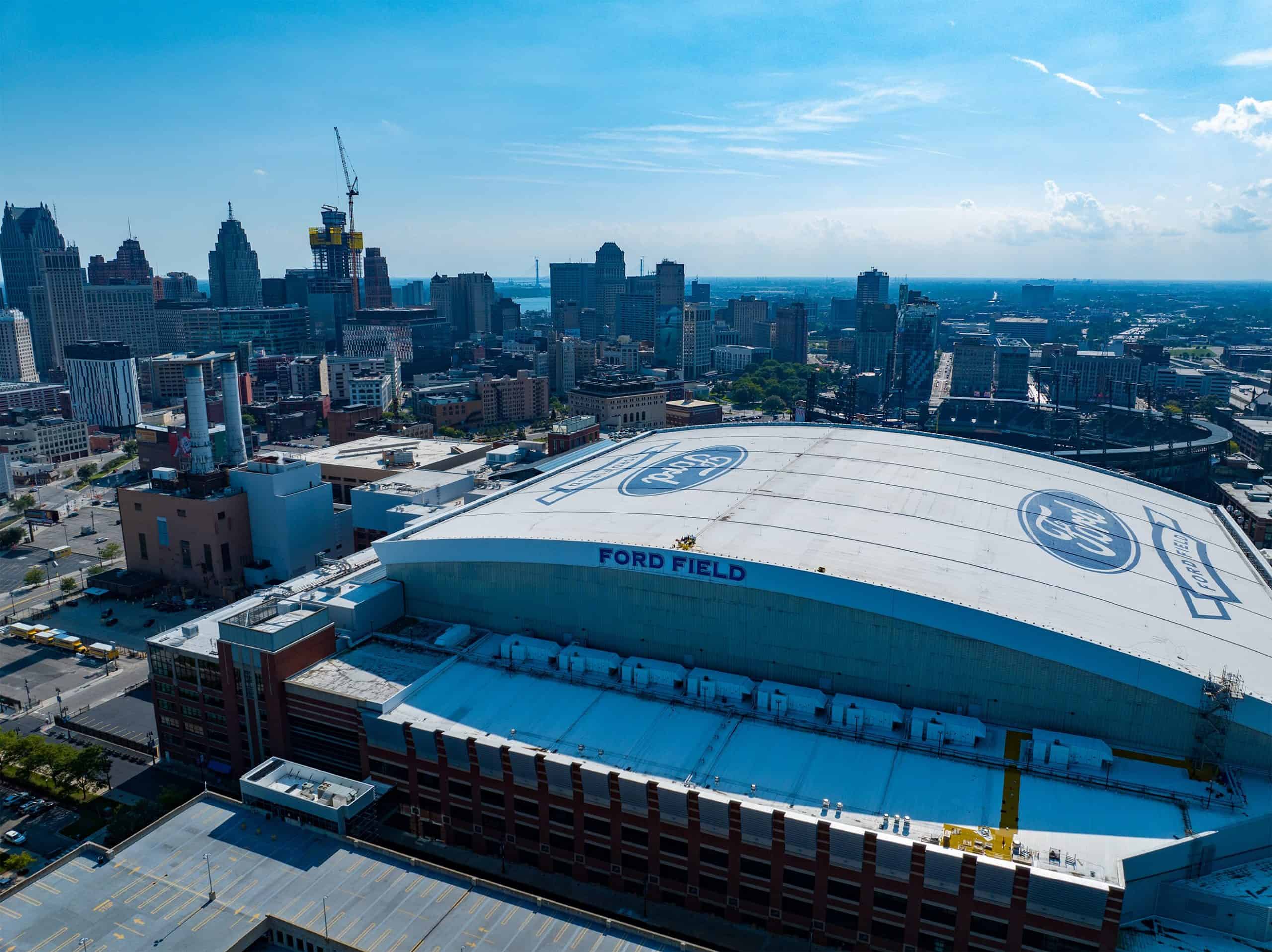 Aerial view of city of Detroit and Ford Field stadium