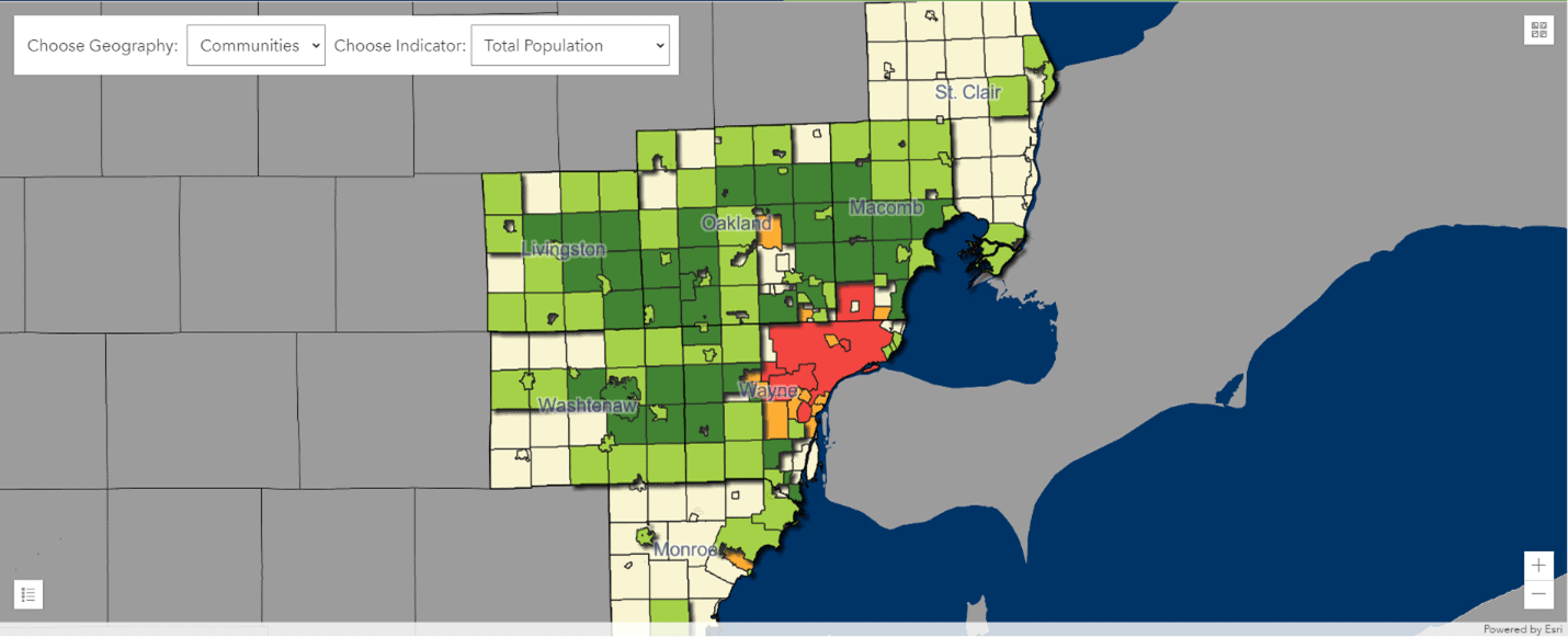 Map displaying various counties in Southeast Michigan colored in shades of green, yellow, and red to indicate different data metrics, with the seven counties labeled.