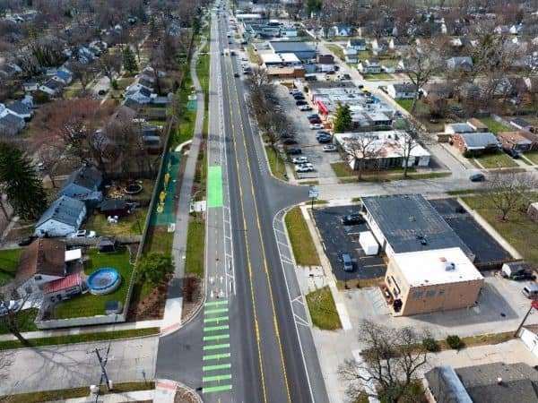 Aerial view of nine mile with new bike lanes and roadway markings