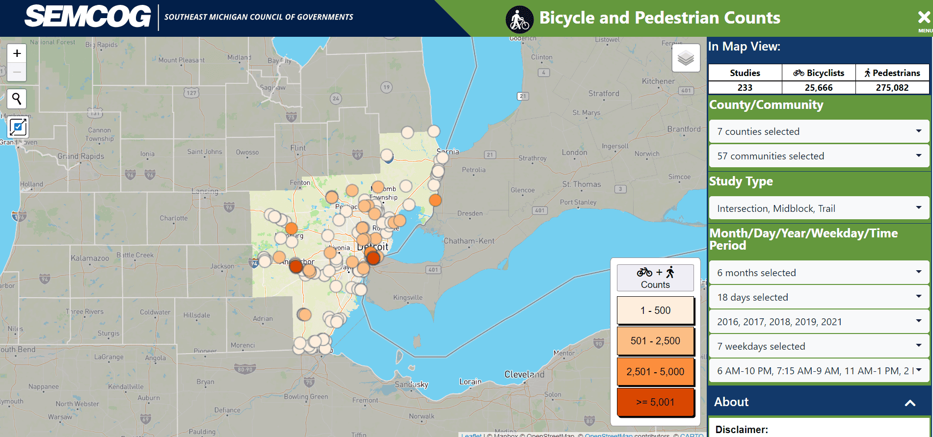 SEMCOG map of bicycle and pedestrian counting tool