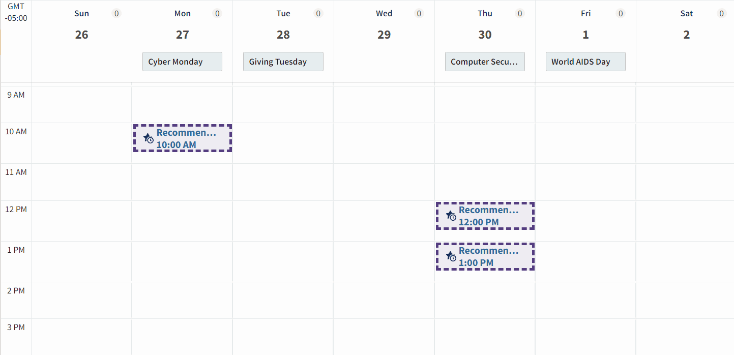 digital calendar with recommended times at 10 am on Monday, November 27 and 12 pm and 1 pm on Thursday, November 30.