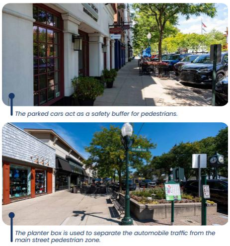 Transportation safety examples of parked cars as safety buffer for pedestrians and planter boxes for separation from traffic