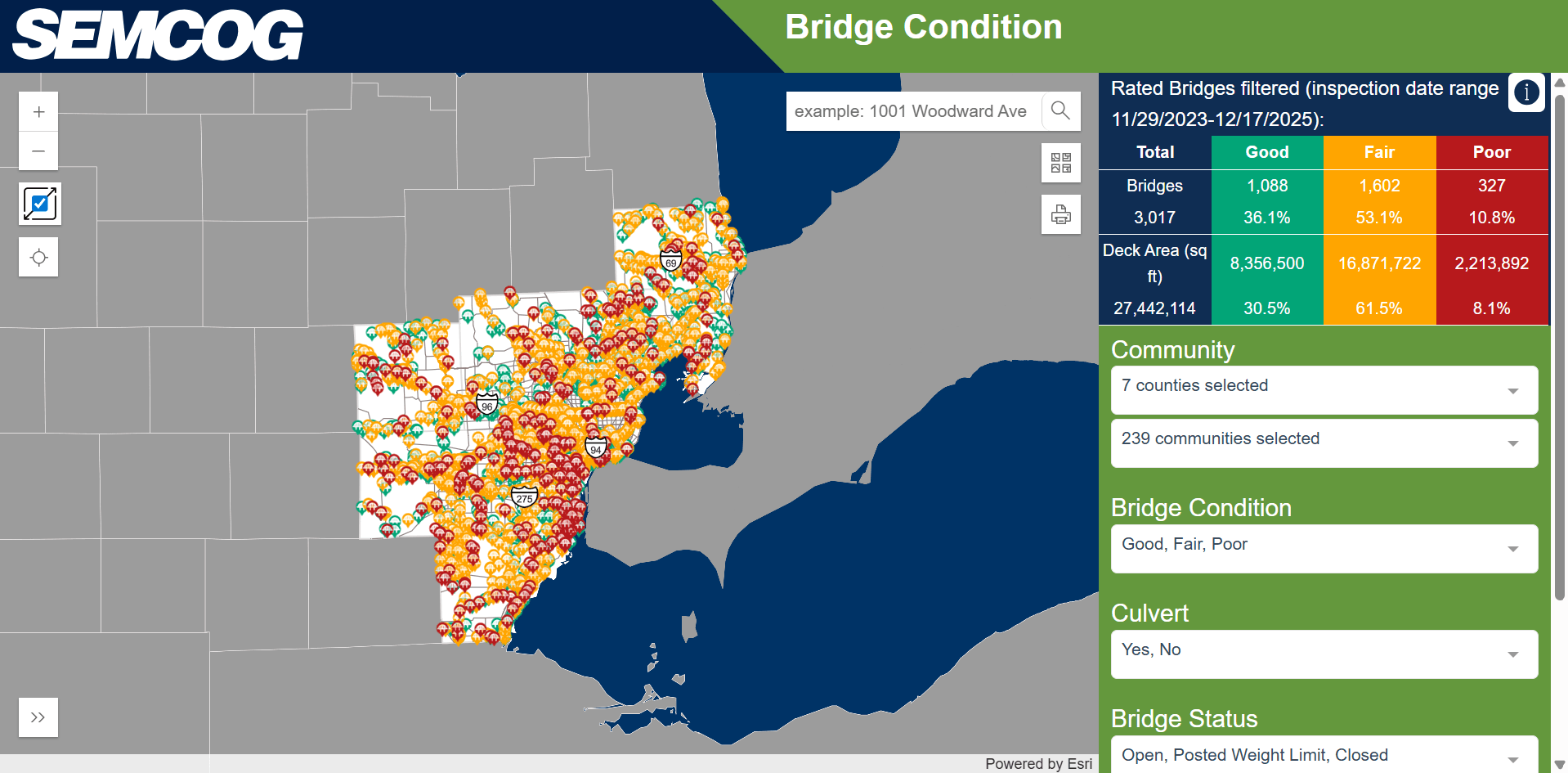 screenshot of bridge conditions map with filters and data points on southeast michigan map