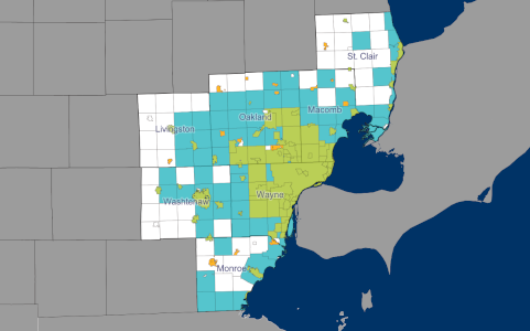 Michigan region with member communities colored by community type.
