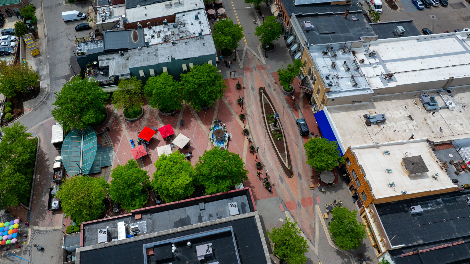 Aerial view of main street, businesses, streets